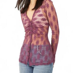 Free-people Women's Purple Floral Lace mesh button up fairycore boho